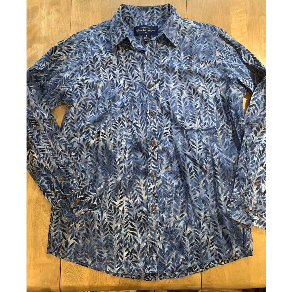 Pete Huntington Bali Navy Leaves Print Long Sleeve Button up Shirt Hawaiian SZ S